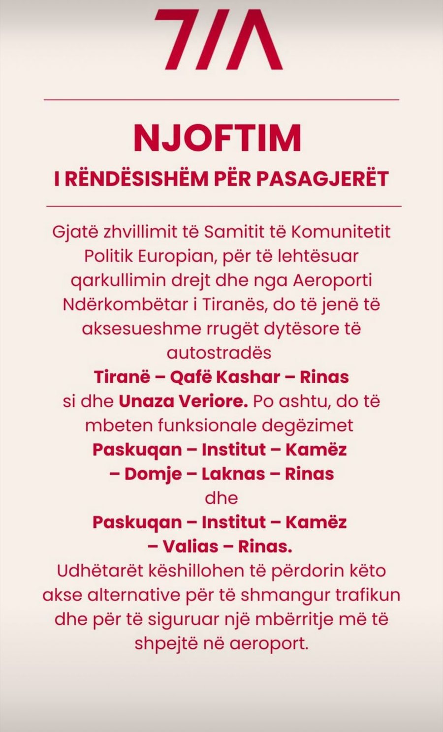 Samiti i BE në Tiranë, Aeroporti i Rinasit njoftim të