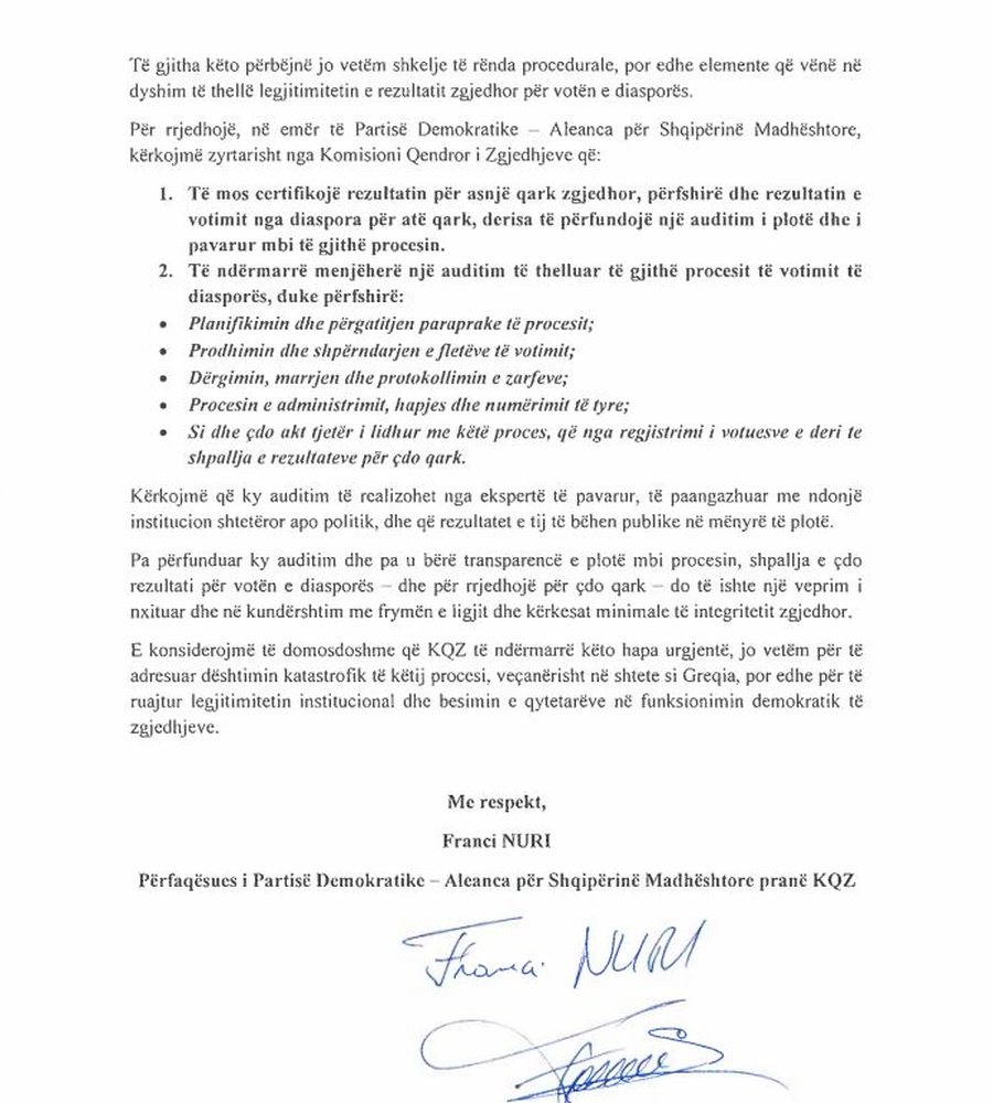 DP urgent request to the CEC for non-certification of the results of the