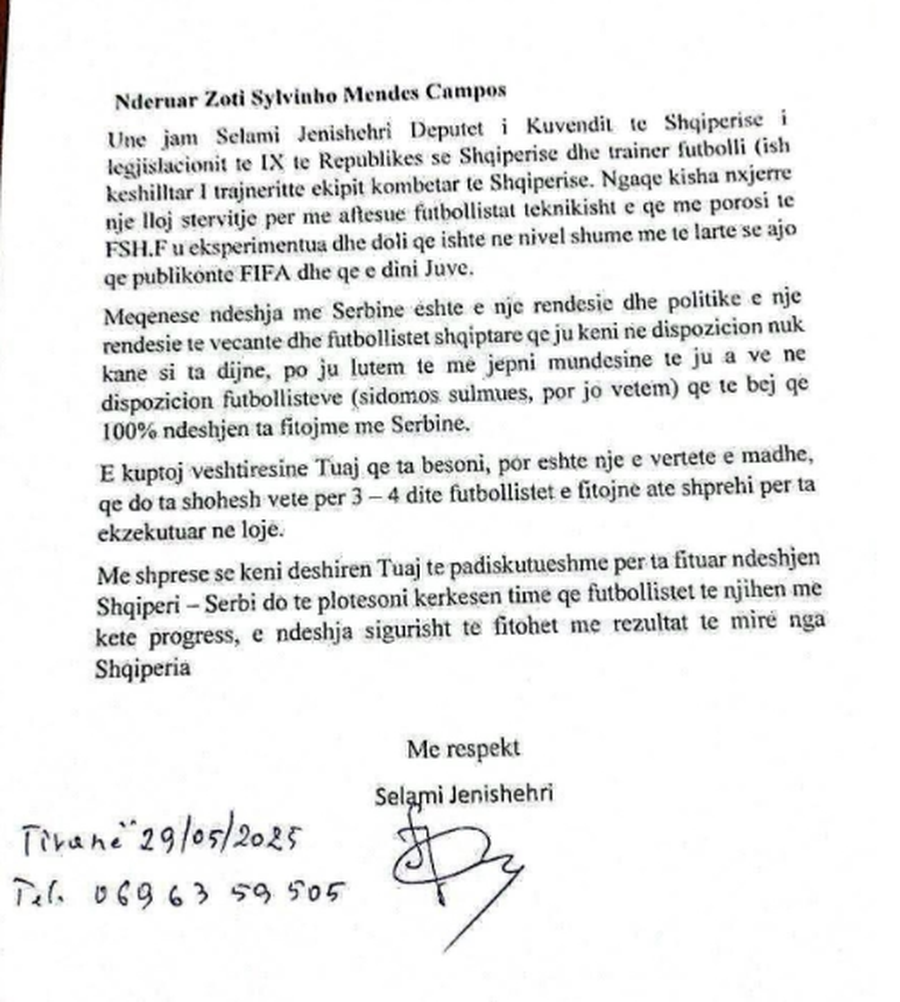 Ndeshja me Serbinë, Jenisheri letër Sylvinhos: Më jepni