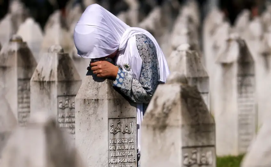 How is the Srebrenica genocide presented in books in Serbia?