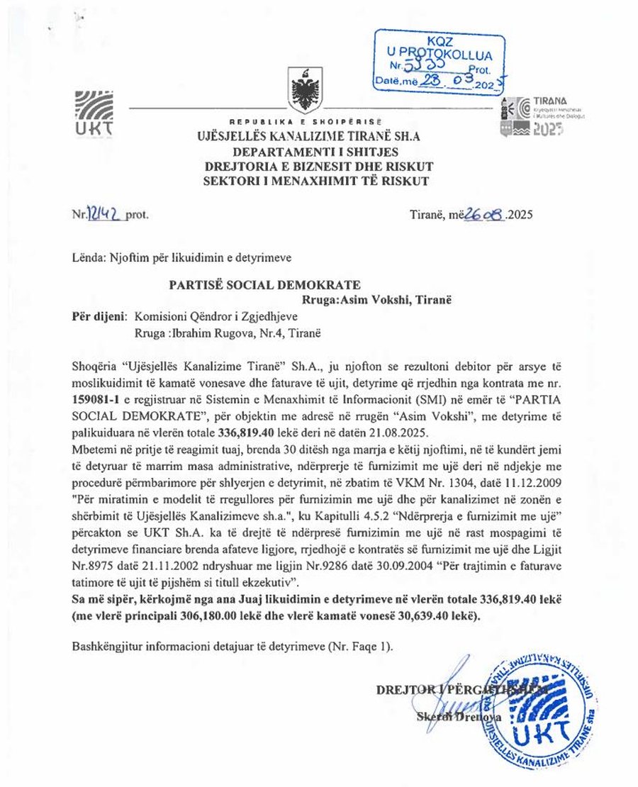 Tom Doshi debitor, nuk paguan faturat e ujit, UKT ultimatum