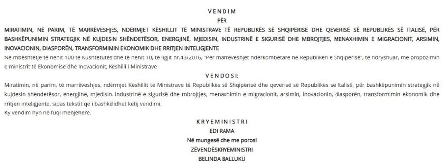 Qeveria miraton në parim marrëveshjen me Italinë për