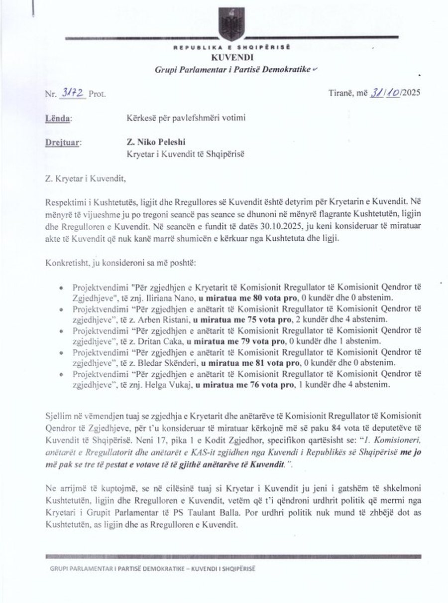 "Të anulohet votimi për shkarkim", Bardhi shkresë