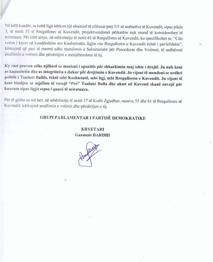 "Të anulohet votimi për shkarkim", Bardhi shkresë