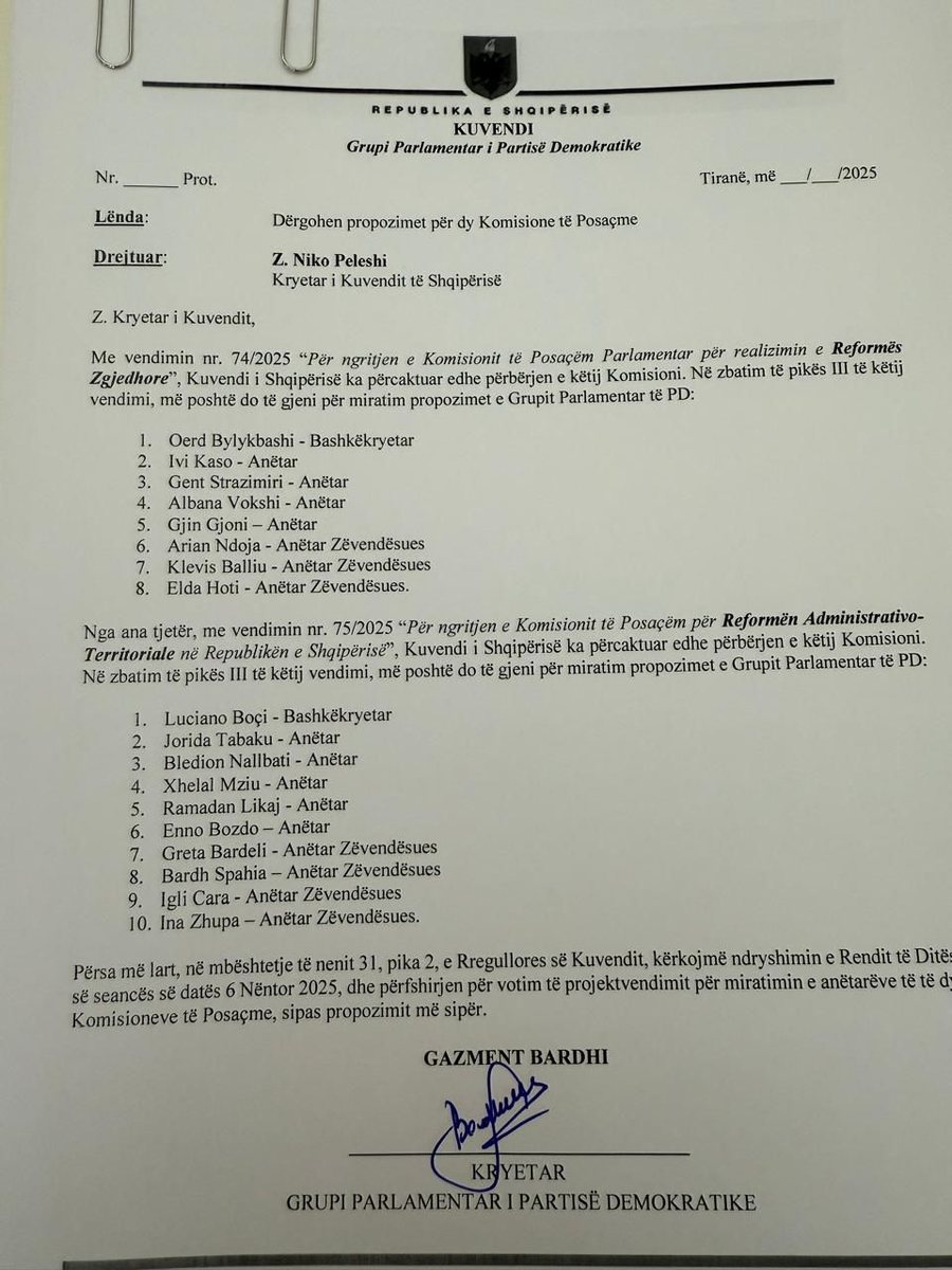 Zgjedhorja dhe Territorialja, PD dërgon në Kuvend emrat e