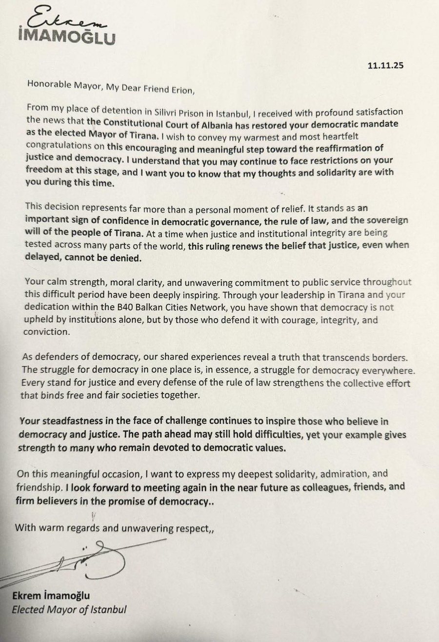 Kryebashkiaku i Stambollit letër nga burgu Veliajt: Pres me padurim të