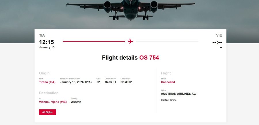 Ngrin aeroporti i Vjen&euml;s nga acari, fluturime t&euml; anuluara ose