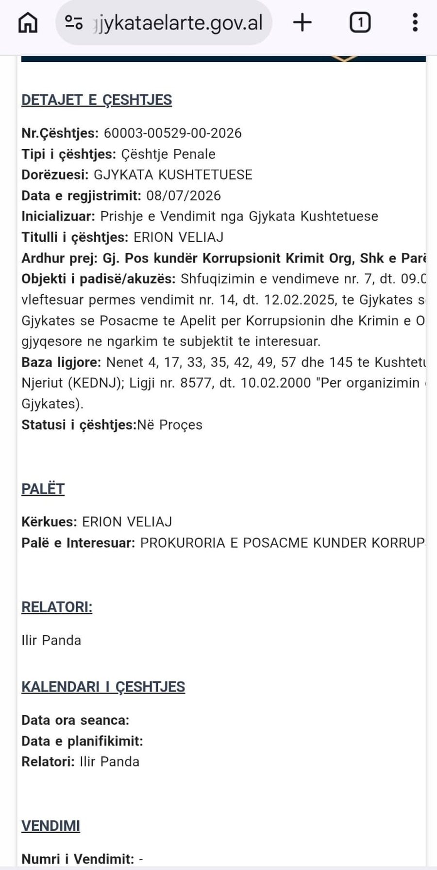 Hidhet shorti n&euml; Gjykat&euml;n e Lart&euml; p&euml;r k&euml;rkes&euml;n e