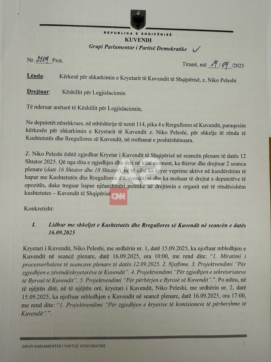 PD kërkon shkarkimin e Niko Peleshit nga drejtimi Kuvendit