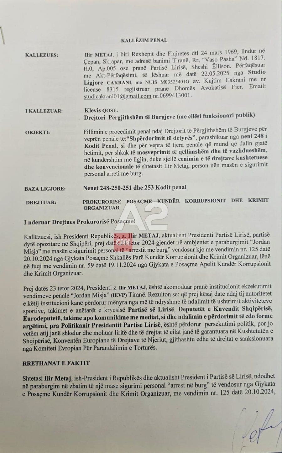 Meta depoziton në SPAK kallëzim penal ndaj drejtorit të