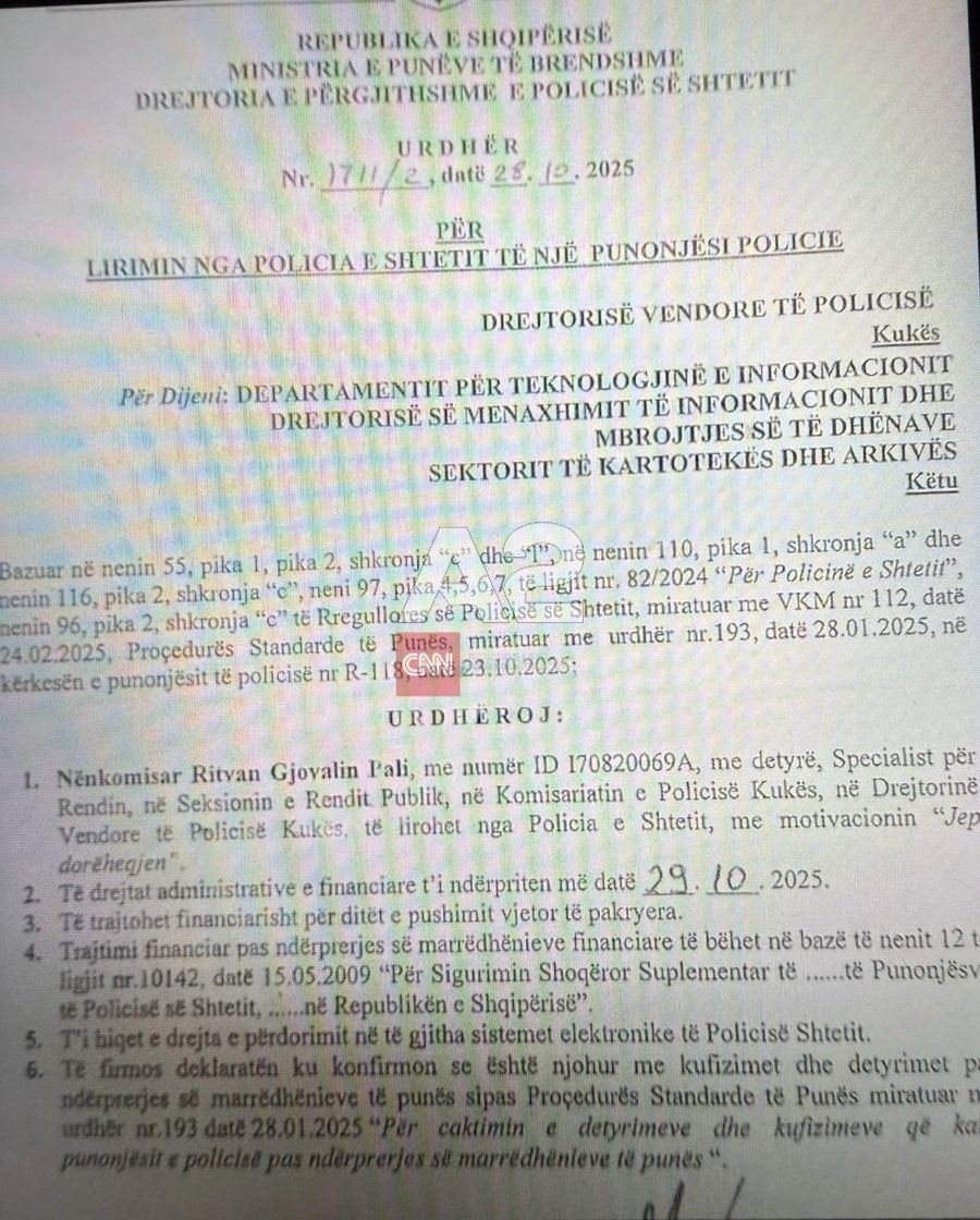 Largohet nga policia ish-shefi i Komisariatit Nr. 2, Ritvan Pali