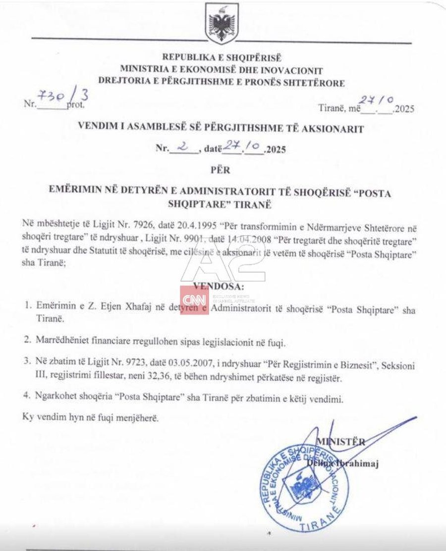 Etjen Xhafaj emërohet drejtor i Postës Shqiptare