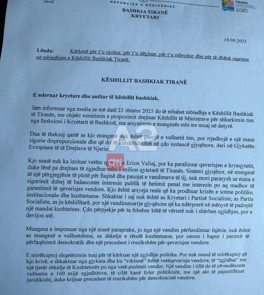 “Shkelje kushtetuese!”, Erion Veliaj kërkon të jetë i