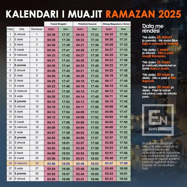 Del Kalendari i Ramazanit për 2025, ja çfarë duhet të