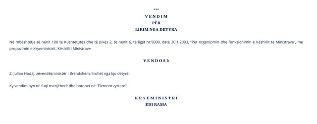 Rama bën ndryshime në Qeveri, shkarkohet