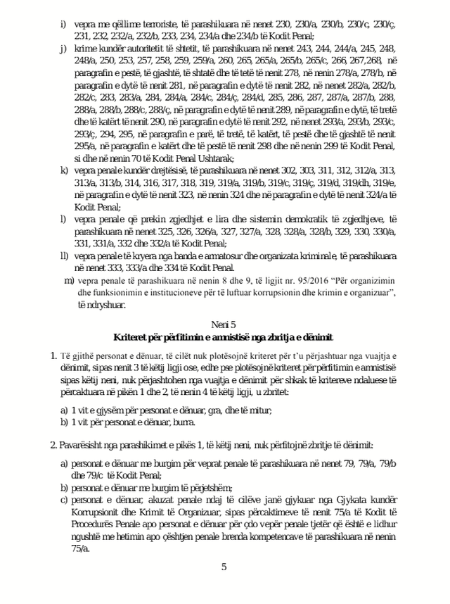 Qeveria miraton amnistin&euml; penale, lirohen menj&euml;her&euml; 447 t&euml;