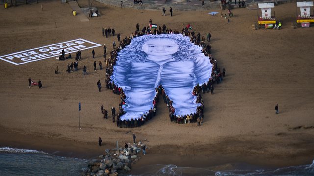 Giant portrait of 5-year-old Hid Rajab, killed in Gaza, unveiled on Barcelona