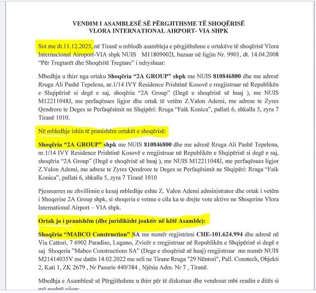 P&euml;rplasja Pacolli-Ademi p&euml;r aeroportin e Vlor&euml;s, situata drejt