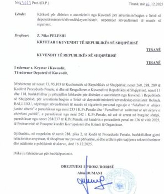 Zbardhet shkresa me firmën e Dumanit drejtuar Kuvendit për dhënie