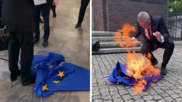 Eurodeputeti polak Grzegorz Braun djeg flamurin e Bashkimit Evropian: Këtu