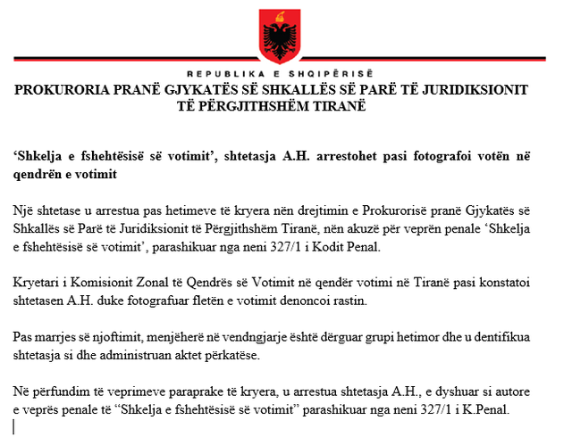 U denoncua nga Koalicioni Euroatlantik se fotografoi votën, arrestohet nga