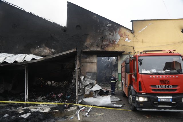 Completely burned shops and ruins, view from the "May 5" market after