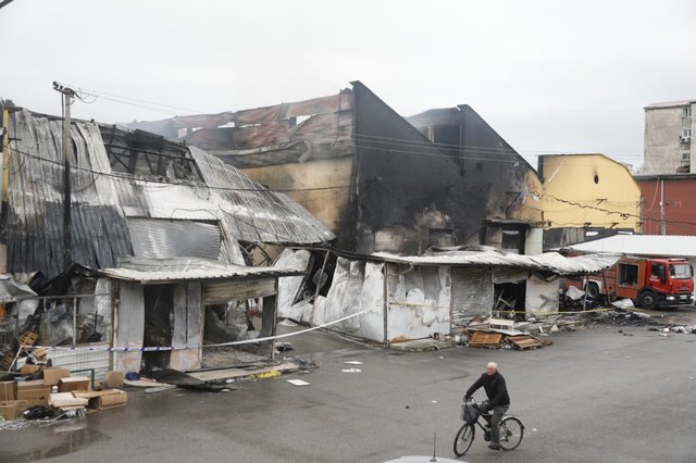 Completely burned shops and ruins, view from the "May 5" market after