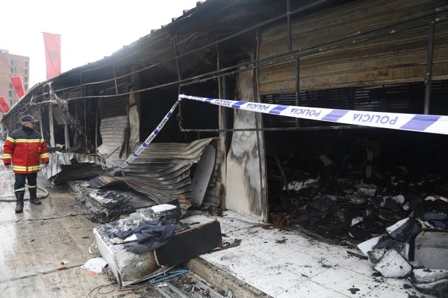 Completely burned shops and ruins, view from the "May 5" market after