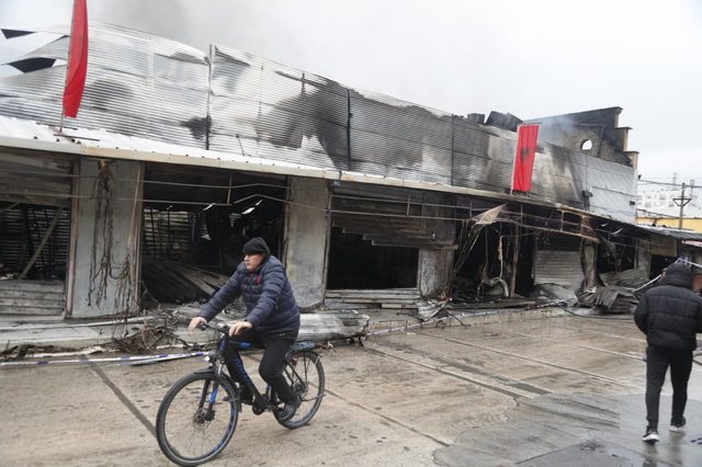 Completely burned shops and ruins, view from the "May 5" market after