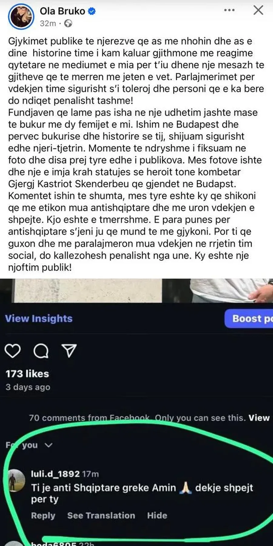 Kërcënohet me jetë gazetarja Ola Bruko: "Gjykimet publike