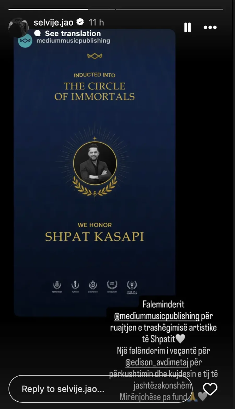 Shpat Kasapi nderohet pas vdekjes, bashkëshortja reagon mes emocionesh