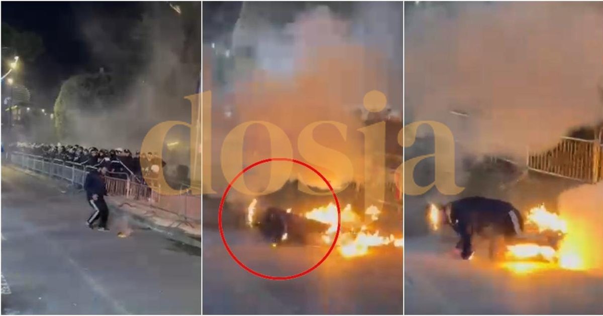 Protesta para Kryeministrisë  Qytetarit i plas molotovi tek këmbët  Momenti kur merr flakë dhe largohet me vrap  FOTOLAJM 