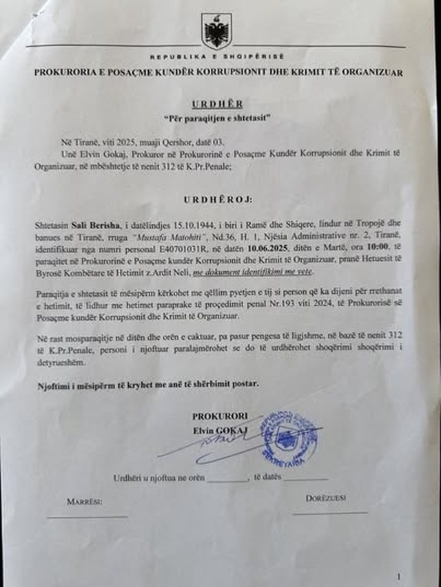 Berisha thirret sot në SPAK, avokati: Është kërkuar të