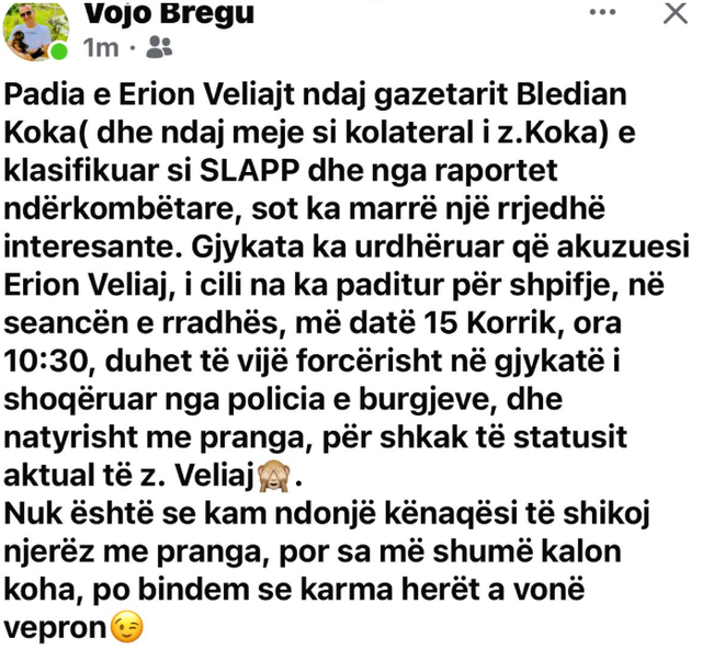 Veliaj më 15 korrik në gjykatë si paditës, Bregu: