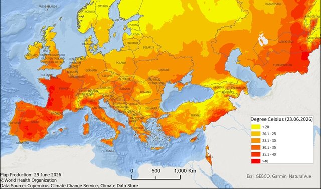 Harta e t&euml; nxehtit n&euml; Europ&euml;, qendra e Shqip&euml;ris&euml; po
