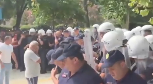 VIDEO/ Momenti kur nj&euml; protestues godet me gur n&euml; kok&euml; efektivin