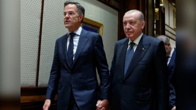 Erdogan dhe Rutte dor&euml; p&euml;r dore n&euml; Samitin e NATO-s, fotografia