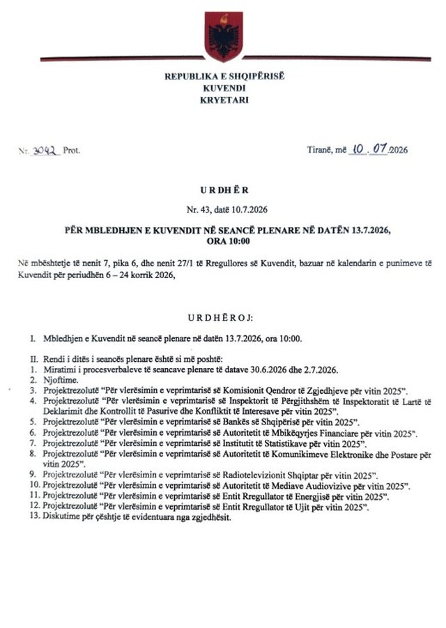 Sot seancë plenare/ Vlerësimi i institucioneve të pavarura
