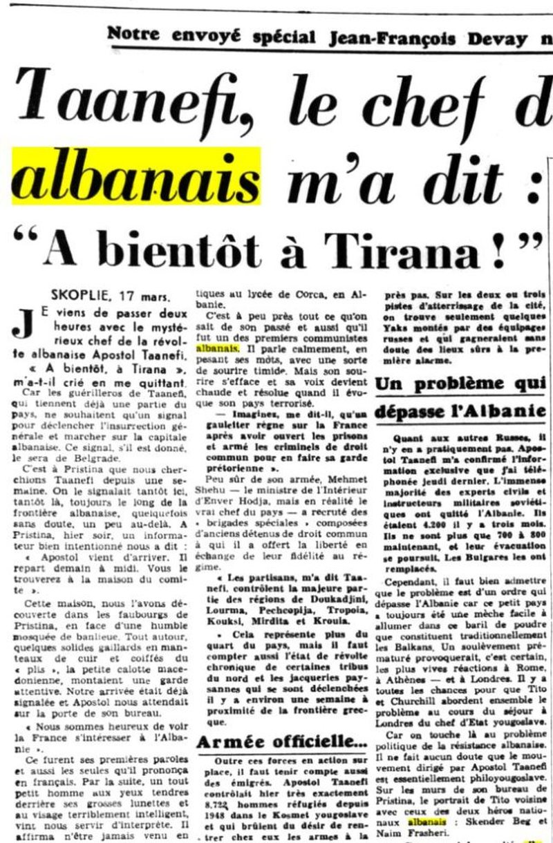 Paris-Presse (1953) / Intervista ekskluzive n&euml; Prishtin&euml; me