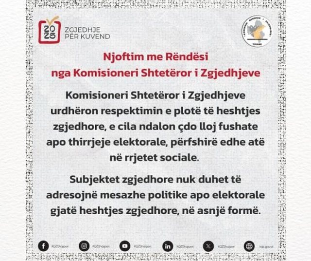 Komisioneri Shtetëror i Zgjedhjeve urdhëron subjektet politike: