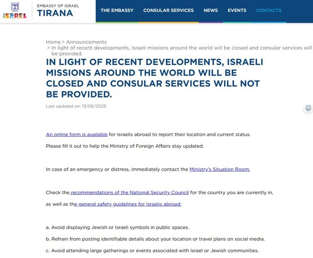 Pas sulmit ndaj Iranit, Izraeli mbyll ambasadën në Tiranë
