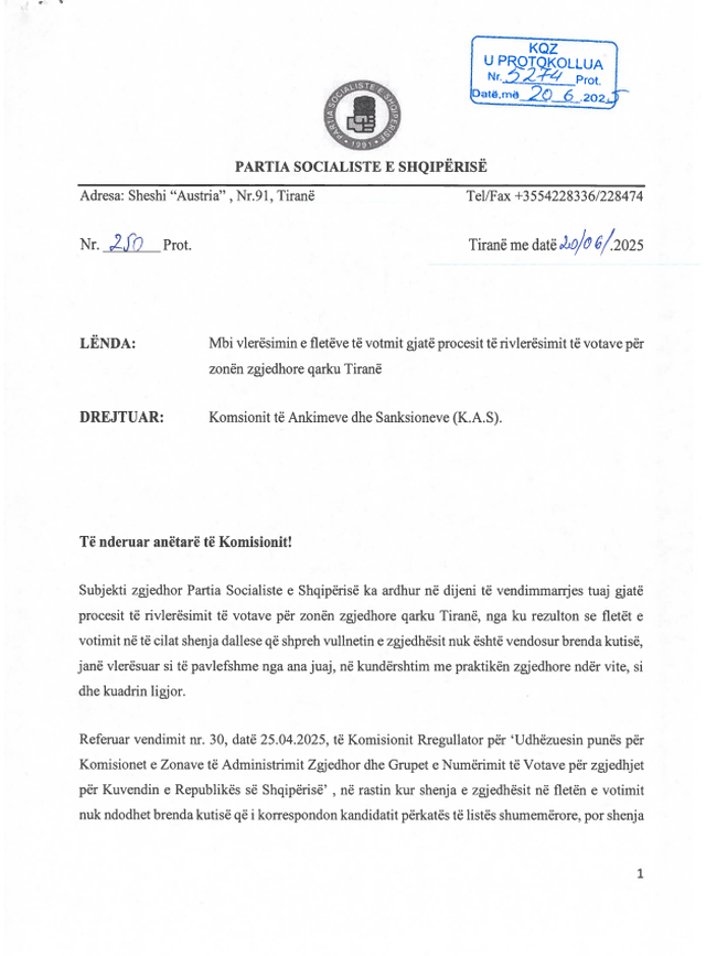 Partia Socialiste letër KAS!