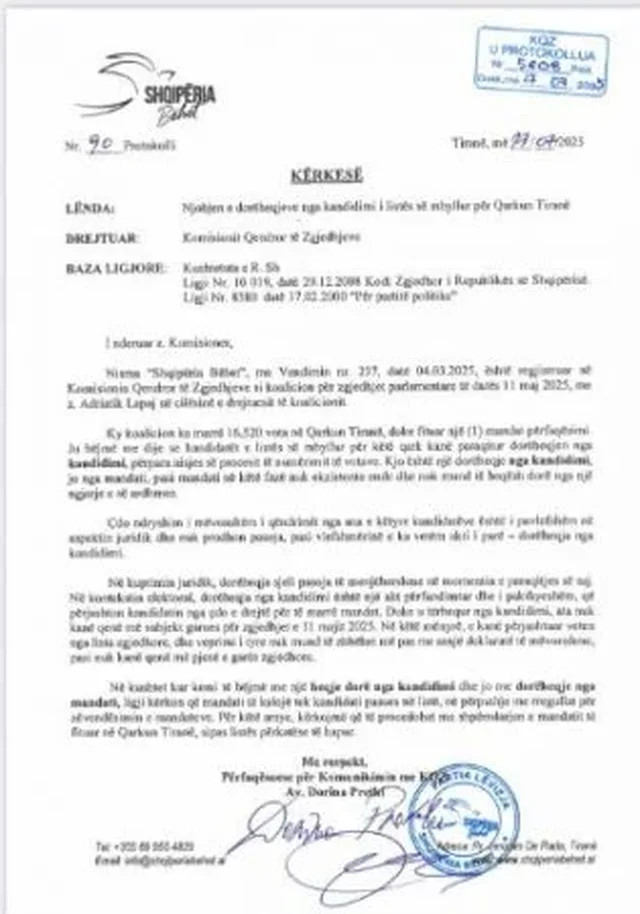 Lapaj letër KQZ: Mandati i fituar në qarkun Tiranë të
