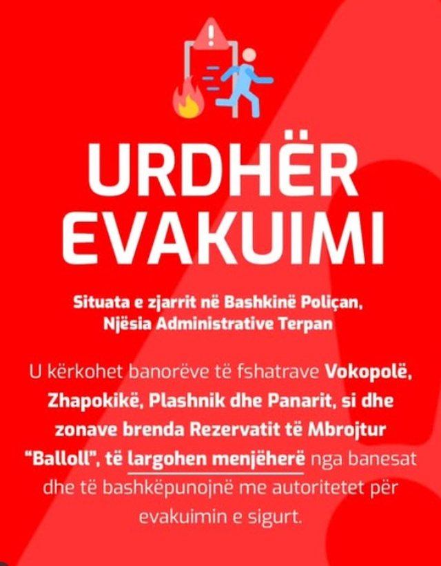 Zjarret në Poliçan/ Ministria e Mbrojtjes: Largohuni