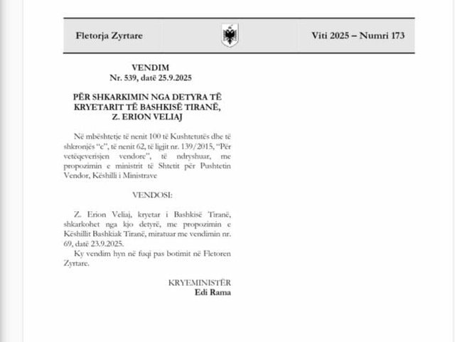 Publikohet në fletoren zyrtare vendimi për shkarkimin e Erion Veliajt