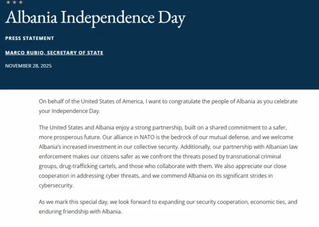 Rubio uron shqiptarët për 113-vjetorin e Pavarësisë: