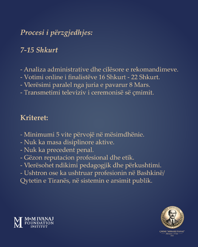 Çmimi “Mirash Ivanaj-Mësuesi i Vitit” rikthen