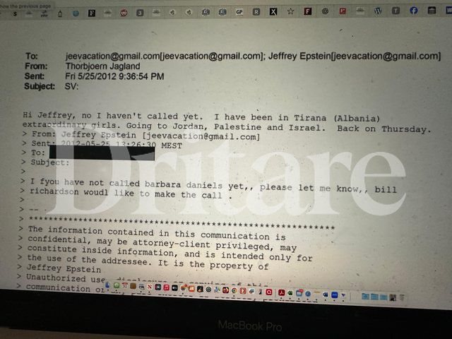 Ekskluzive/Jagland i shkruan Epstein: Kam qen&euml; n&euml; Tiran&euml;, vajza