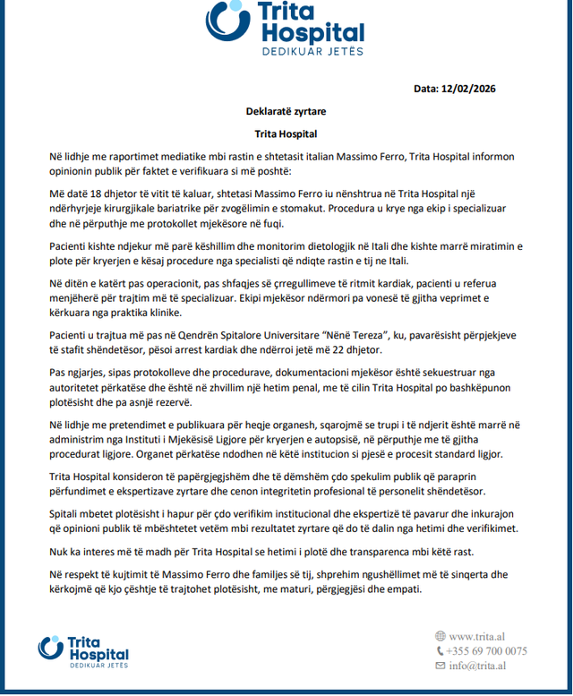 Vdekja e shtetasit italian Massimo Ferro, reagon spitali Trita