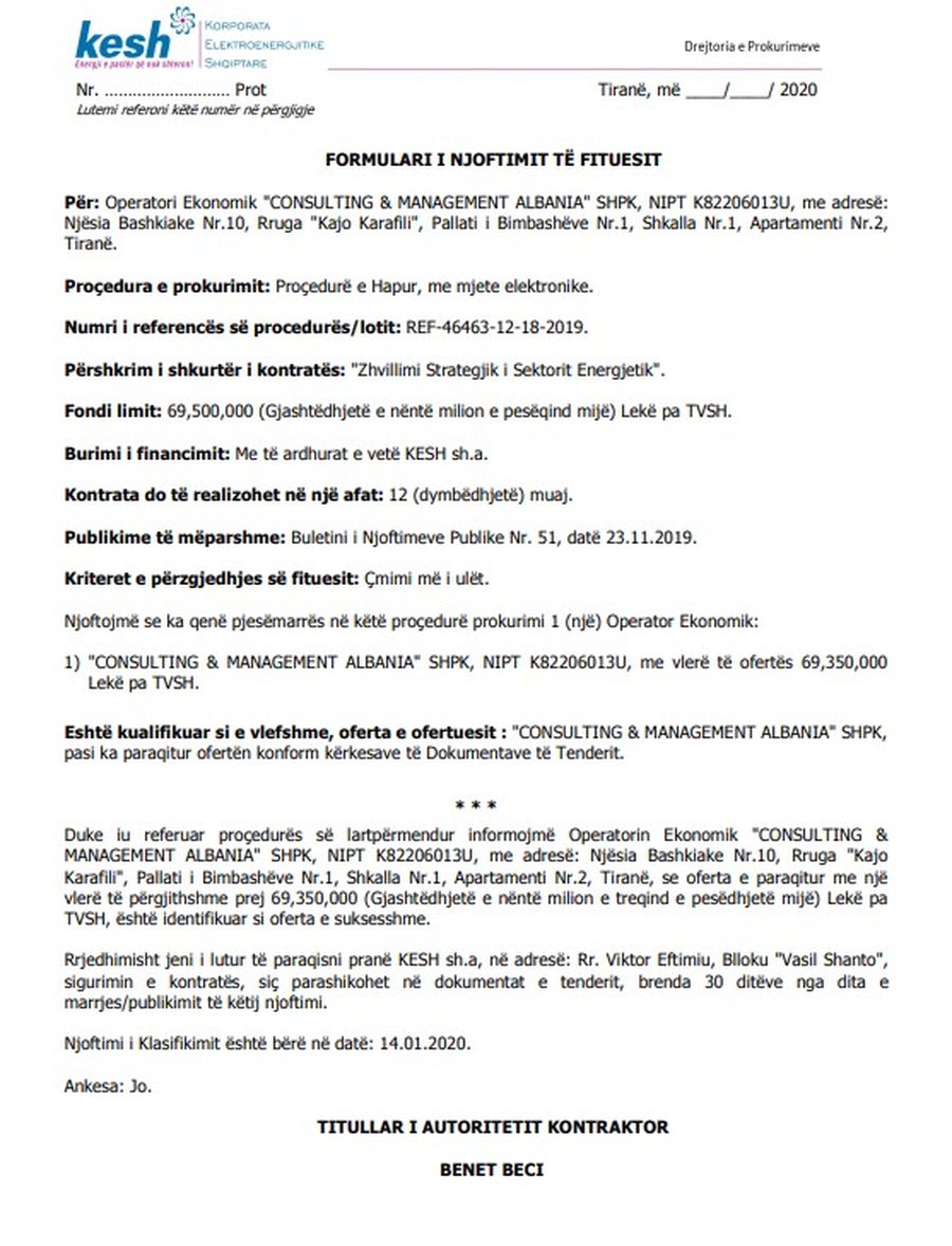 SPAK merr zyrtarisht të pandehur Benet Becin për afera me tendera kur drejtonte KESH in